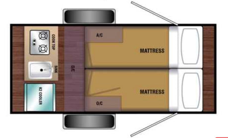 Compact rv rental floor plan: kitchenette (cooktop, sink, cooler), two mattresses, AC, and storage (O/C).
