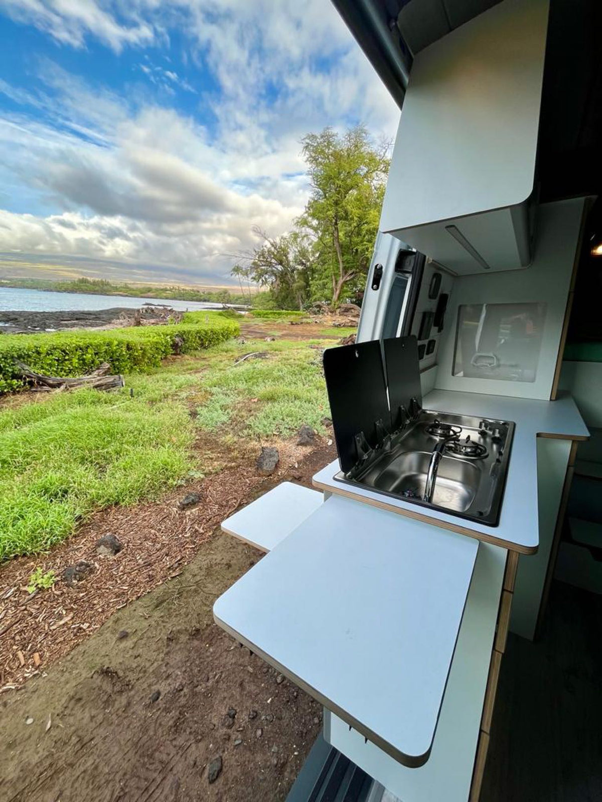  and a window showcasing a scenic view.|White camper van RV rental parked in a lush — photo 12