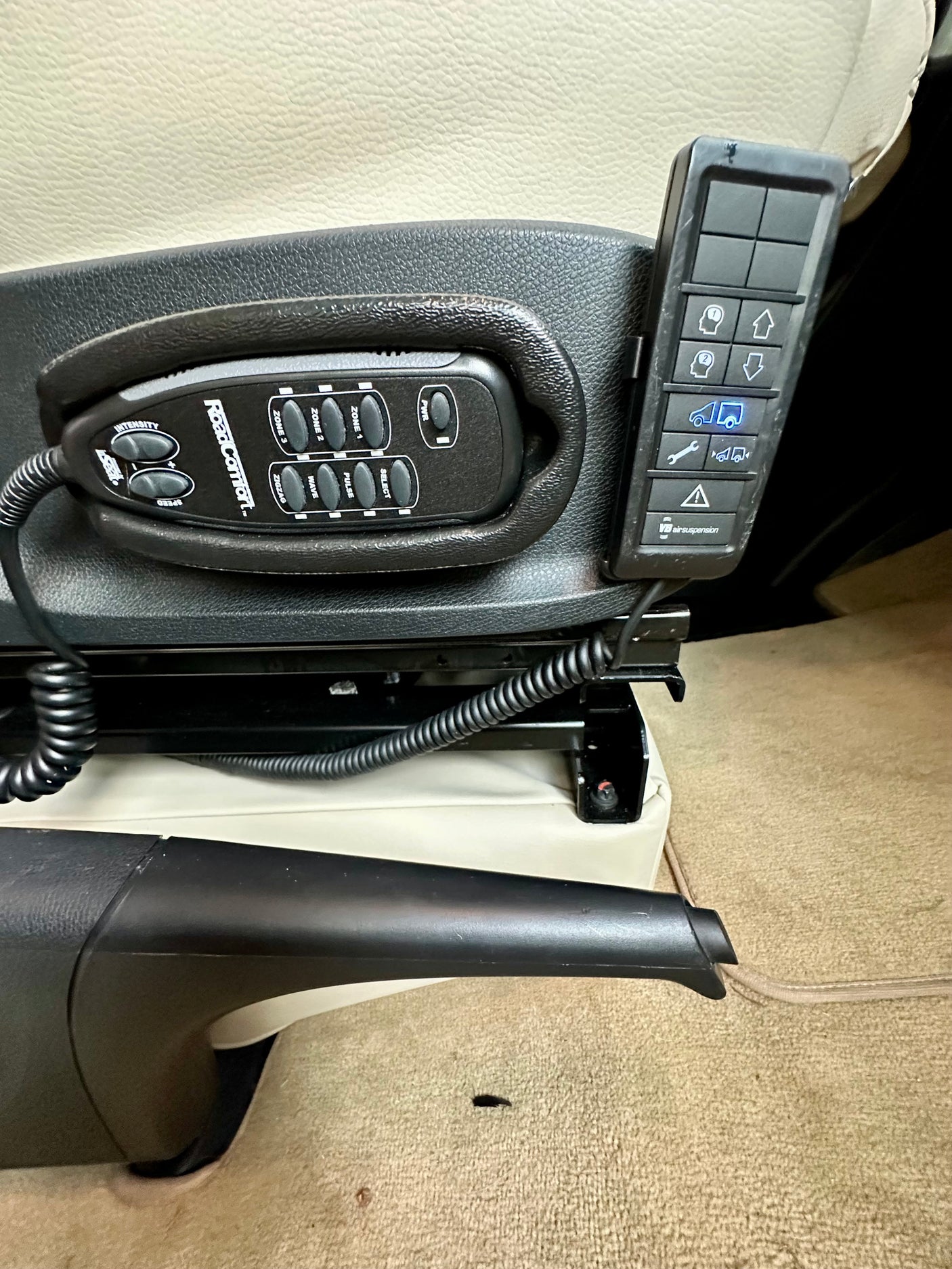 RV rental seat with RoadComfort massage and VB air suspension controls for enhanced driver comfort, visible in detail.