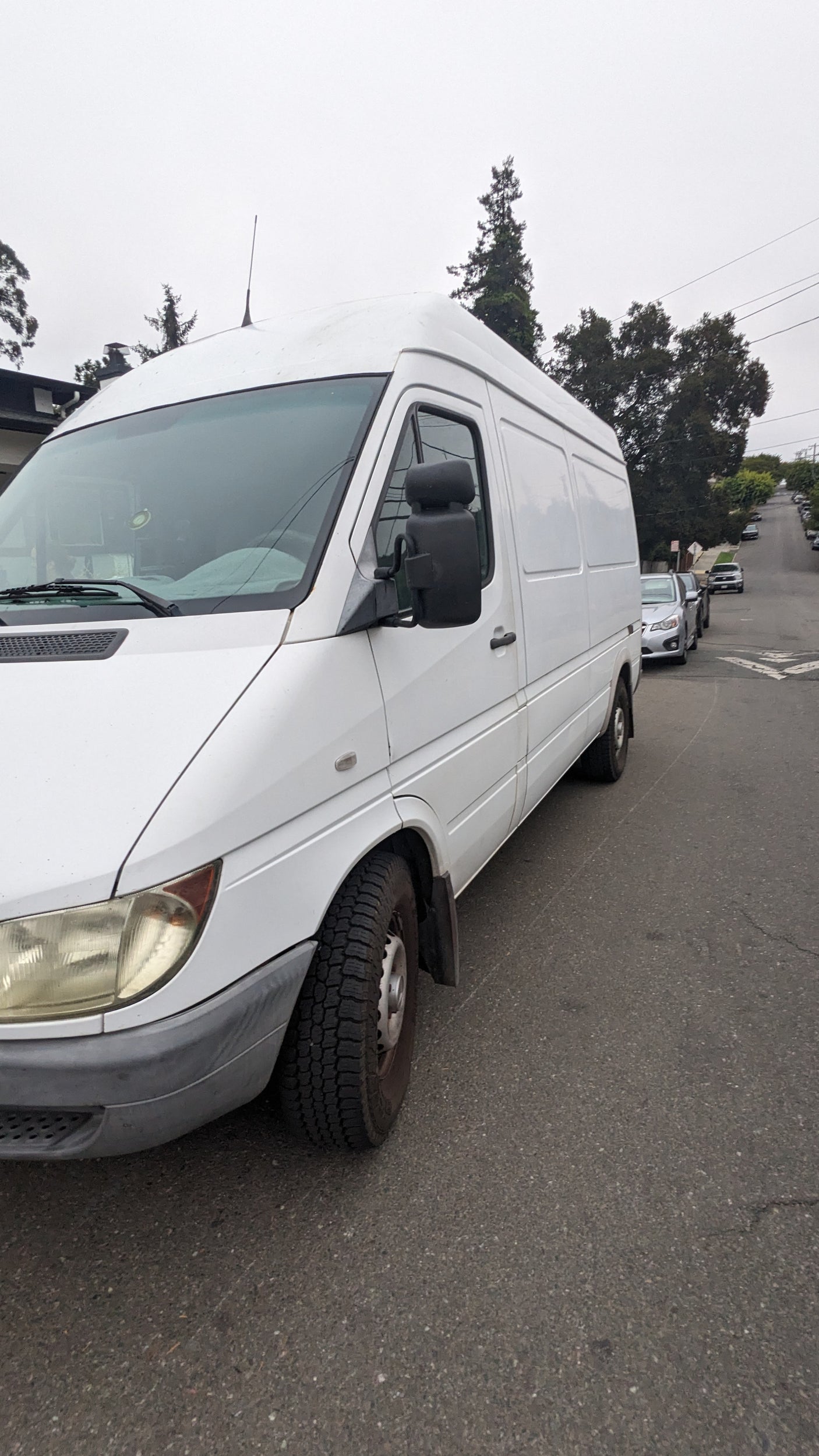 White Sprinter van, suitable for RV rental, parked on a sloped urban street with other cars and trees.