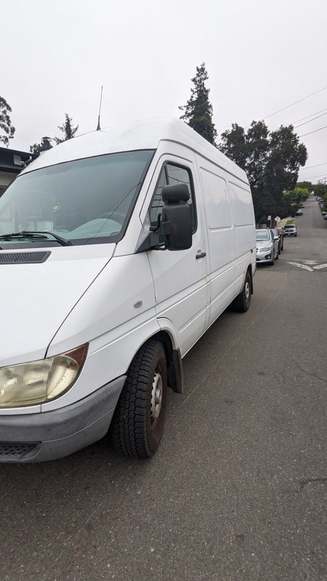 White Sprinter van, suitable for RV rental, parked on a sloped urban street with other cars and trees.
