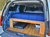 This RV rental shows a cozy van conversion: a bed with blue bedding, under-bed storage, & tropical curtains.
