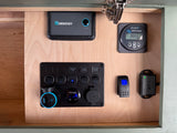 RV rental control panel: displays for Renogy charge controller & Victron battery, switches for pump/lights, USB/12V power.