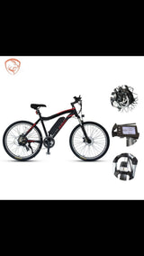 Black e-bike with disc brakes & digital display. Ideal electric mountain bike for RV rental explorations.