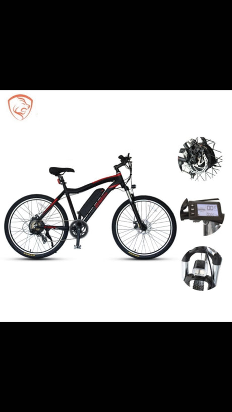 Black e-bike with disc brakes & digital display. Ideal electric mountain bike for RV rental explorations.