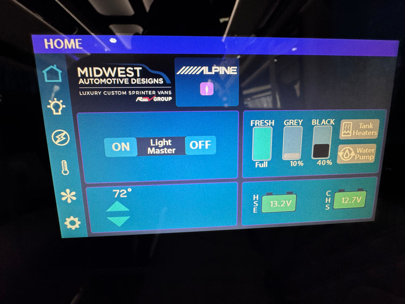 This rv rental's digital control panel displays tank levels (Fresh: Full, Grey: 10%, Black: 40%), 72° temp, and battery voltages.