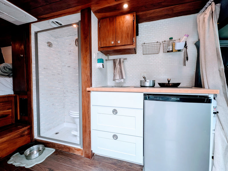  and unique starburst wall decor. Apples on tray.|Inside an RV rental: compact wet bath featuring a toilet — photo 9