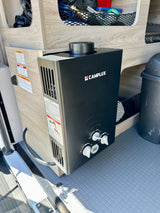 Camplux tankless water heater in an RV rental, essential for hot water during camping and van life.