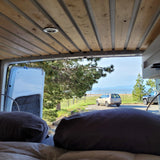 Serene RV rental view from bed: Lake, trees, parked cars, & distant mountains.
