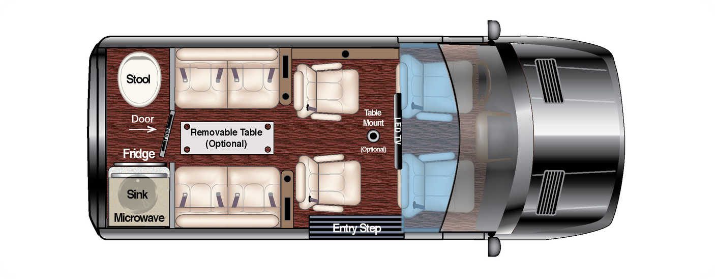 RV rental interior layout. Overhead plan details seating, kitchen (fridge, sink, microwave), optional table, and TV.