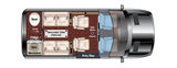 RV rental interior layout. Overhead plan details seating, kitchen (fridge, sink, microwave), optional table, and TV.