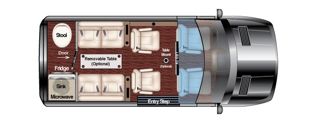 RV rental interior layout. Overhead plan details seating, kitchen (fridge, sink, microwave), optional table, and TV.