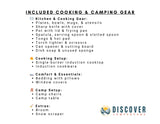 Essential gear for your RV rental: kitchen & cooking tools, camp setup, comfort items, and extras are included.
