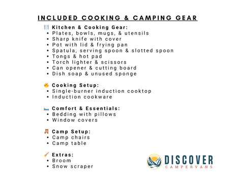 Essential gear for your RV rental: kitchen & cooking tools, camp setup, comfort items, and extras are included.