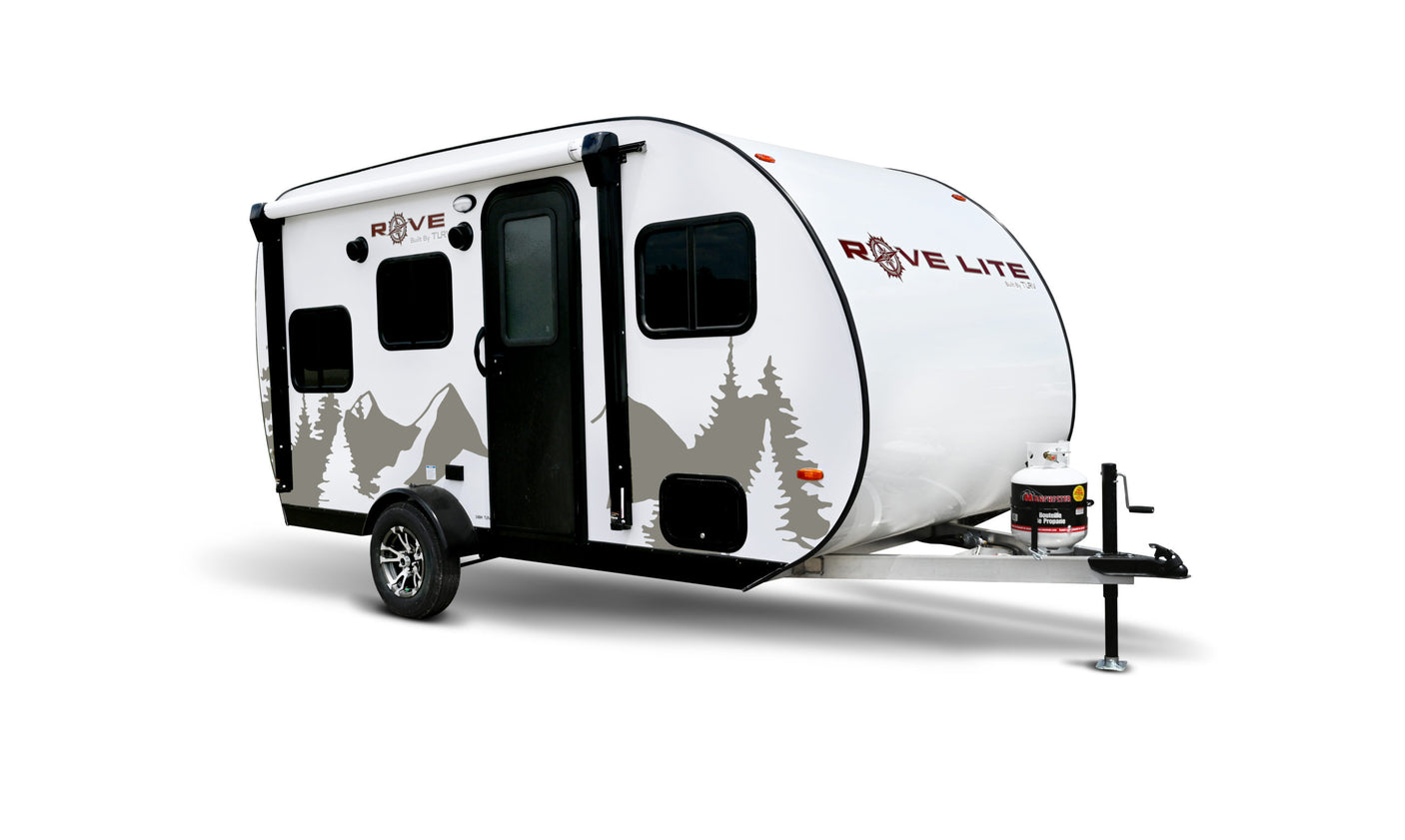 Explore with this Rove Lite teardrop RV, an ideal rv rental for compact camping adventures. White with mountain art.