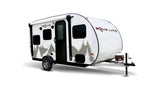 Explore with this Rove Lite teardrop RV, an ideal rv rental for compact camping adventures. White with mountain art.