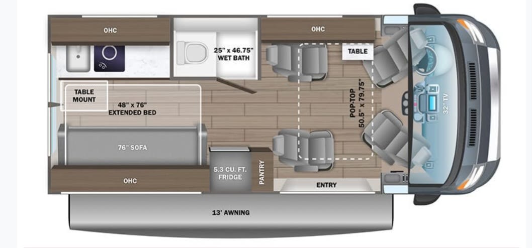  and overhead storage.|Spacious RV rental interior with cream/black swivel seats