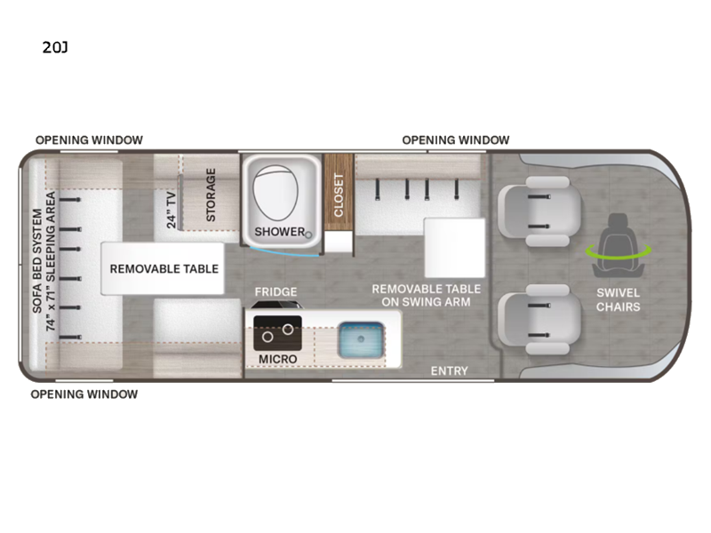 RV rental 20J floor plan: Sofa bed, fridge, microwave, shower, and swivel chairs. All essentials for comfortable travel.