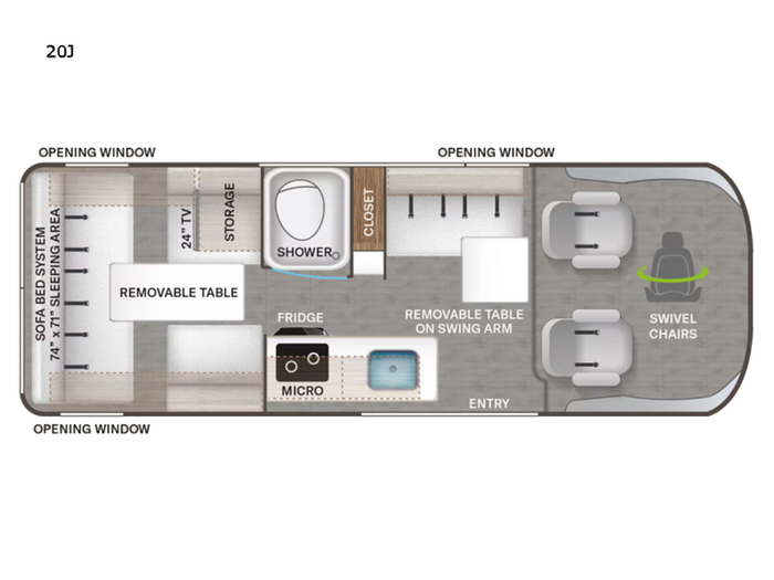 RV rental 20J floor plan: Sofa bed, fridge, microwave, shower, and swivel chairs. All essentials for comfortable travel.