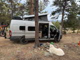 RV rental camper van parked in a forest campsite with a bike rack & dog relaxing nearby. Pop-top up.