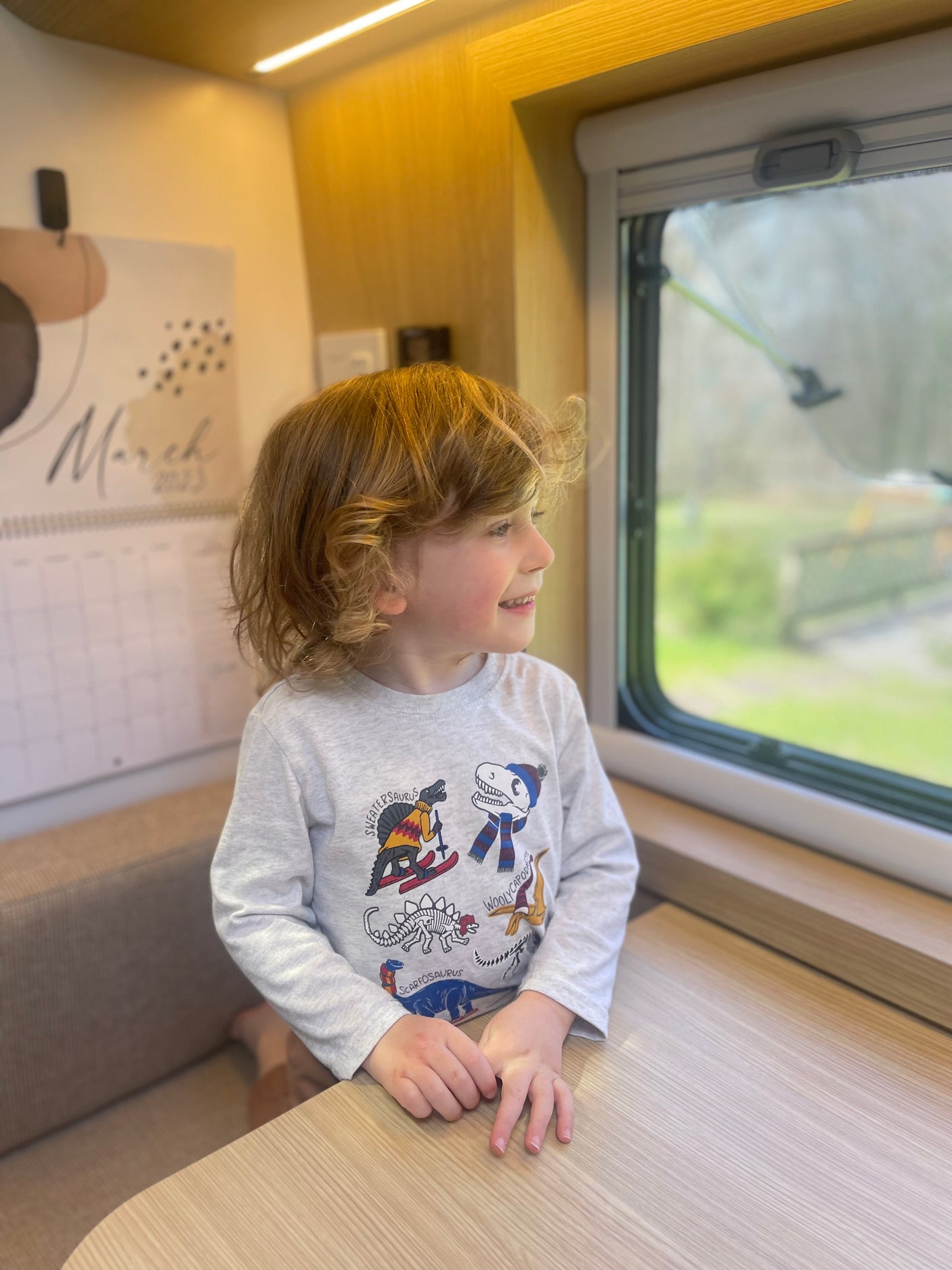 A smiling young boy with curly hair gazes out the window of his family's RV rental, taking in the view.