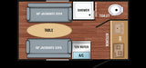 RV rental floor plan: Compact interior features two jackknife sofas, a table, kitchen, shower, toilet, and A/C unit.