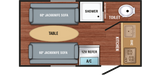 RV rental floor plan: Compact interior features two jackknife sofas, a table, kitchen, shower, toilet, and A/C unit.
