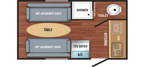 RV rental floor plan: Compact interior features two jackknife sofas, a table, kitchen, shower, toilet, and A/C unit.