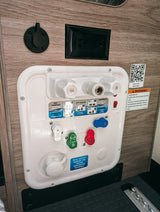 This RV water control panel features multiple valves and modes for connections like city water, dry camping, and winterizing, ideal for RV rental.