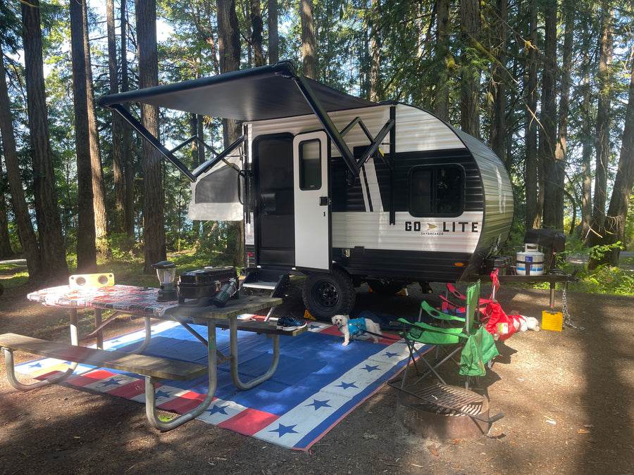 RV rental travel trailer campsite with extended awning, picnic area, grill, & dog under tall forest trees.