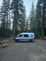 Silver camper van, perfect for an RV rental adventure, parked in a serene forest campsite. Explore the wilderness!