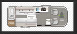 Detailed rv rental floor plan: wet bath, 74"x80" sleeper sofa, kitchen, front swivel chairs, & removable table.