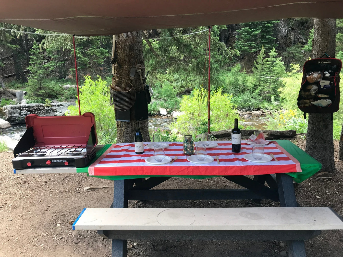 RV rental escape: Riverside picnic setup with a stove, set table with wine, amidst lush nature. — photo 8