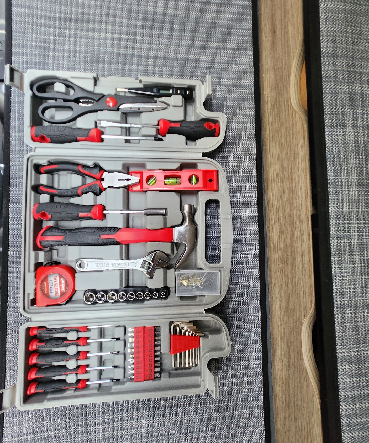 Keep your RV rental ready with this essential tool kit: screwdrivers, pliers, hammer, level, and tape measure for repairs.
