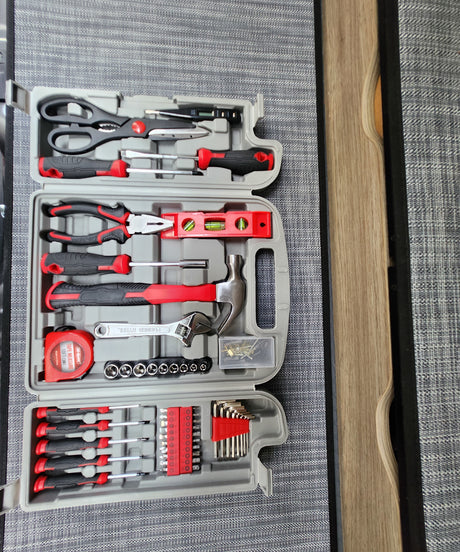 Keep your RV rental ready with this essential tool kit: screwdrivers, pliers, hammer, level, and tape measure for repairs.