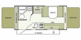 Detailed RV rental floor plan shows a compact camper layout: front/rear beds, bathroom, kitchen, dinette, and sofa.