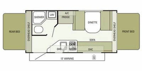 Detailed RV rental floor plan shows a compact camper layout: front/rear beds, bathroom, kitchen, dinette, and sofa.
