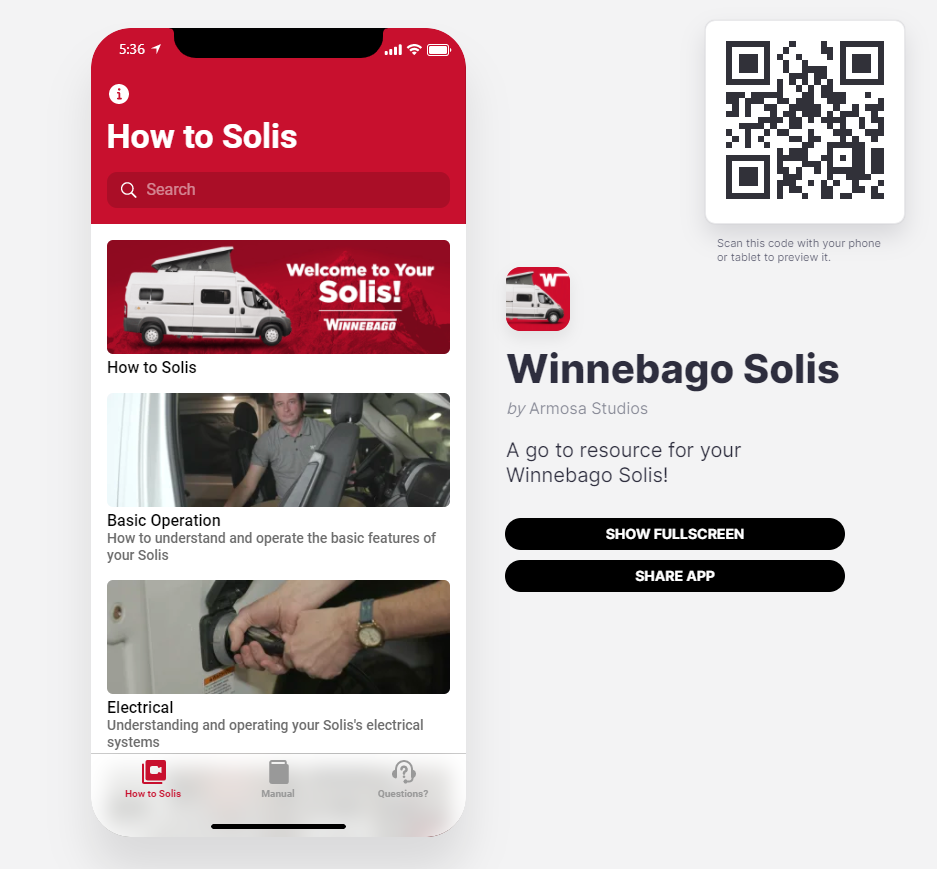 A mobile app for Winnebago Solis RV rental setup and operation, shown on a phone screen alongside its web preview page with a QR code.