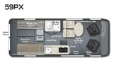 This detailed 59PX RV rental floor plan shows a Murphy bed, wet bath, kitchen, dining area, and pop-top access.