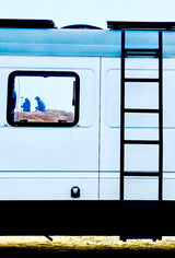 RV rental side view: A white camper van with a ladder. Its window frames two silhouetted figures on a miniature rocky scene.