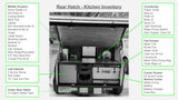 An RV rental's detailed rear hatch kitchen inventory, showcasing organized camping cooking and dining items.