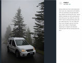 White Ford camper van RV rental on a misty forest road, perfect for exploring Washington's parks.
