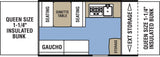 RV rental floor plan, illustrating interior features: queen bunks, dinette, kitchen, gaucho, and storage.
