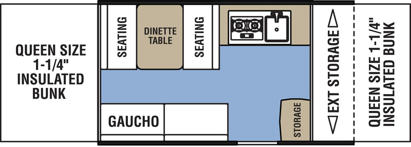 RV rental floor plan, illustrating interior features: queen bunks, dinette, kitchen, gaucho, and storage. — photo 8