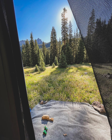 Morning view from an RV rental, looking out at a sunny forest meadow with mountains. Kids' toys on the blanket inside. Perfect camping!