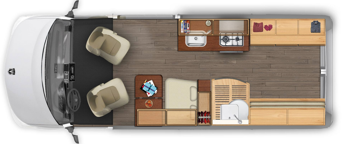 Top-down view of an RV rental camper van interior: kitchen, swivel seating, and convertible sleeping area layout for travel.