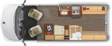 Top-down view of an RV rental camper van interior: kitchen, swivel seating, and convertible sleeping area layout for travel.