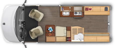 Top-down view of an RV rental camper van interior: kitchen, swivel seating, and convertible sleeping area layout for travel.
