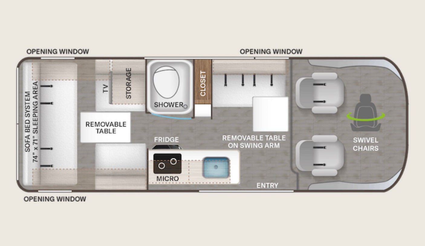 Detailed RV rental floor plan: explore the interior layout with sofa bed, kitchen, bath, and swivel chairs for your journey.