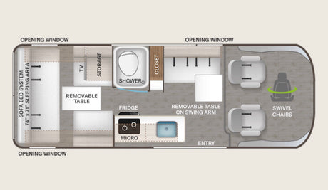 Detailed RV rental floor plan: explore the interior layout with sofa bed, kitchen, bath, and swivel chairs for your journey.